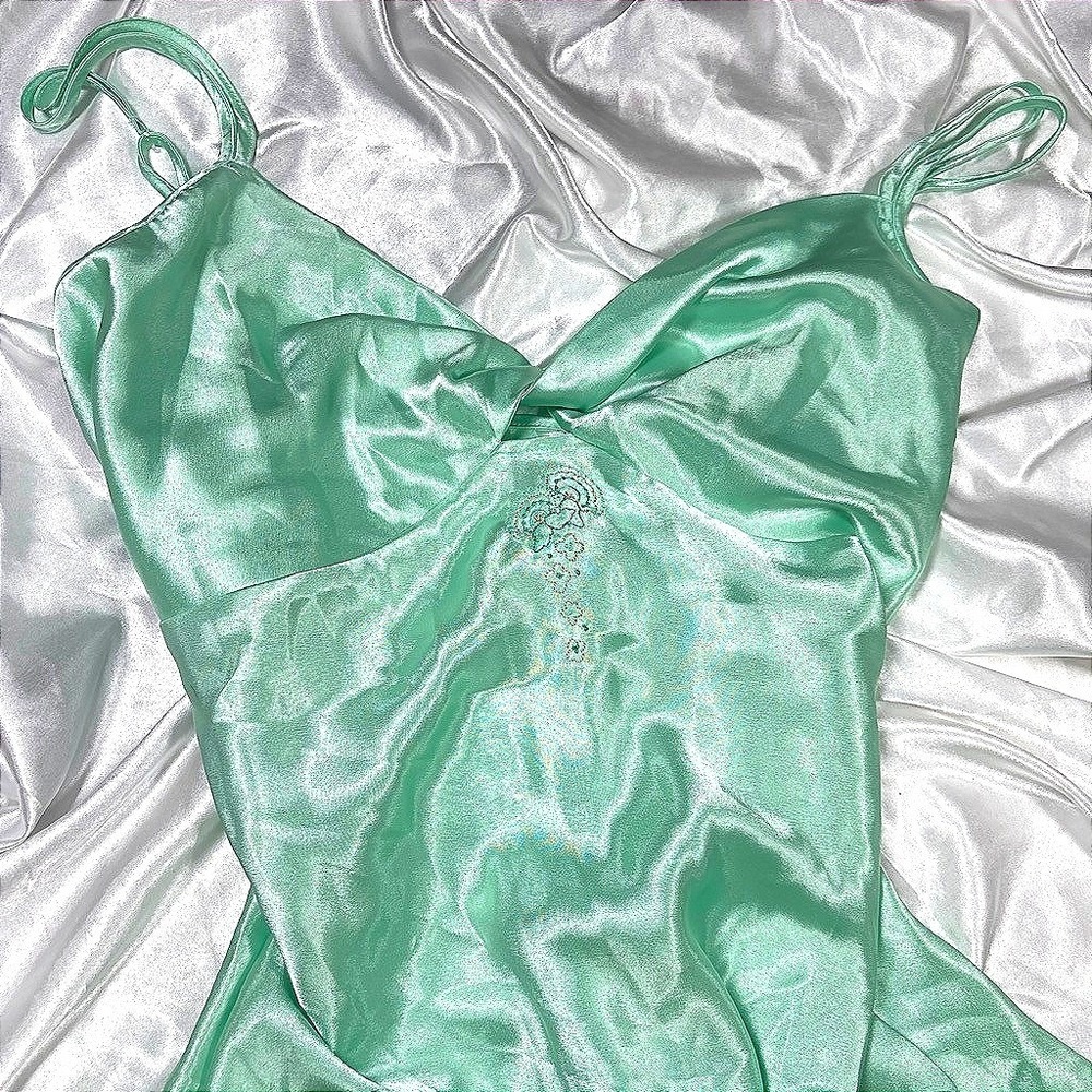 y2k Enchanting Satin Nightgown Mint Green Floral Embroidery Chemise 1X